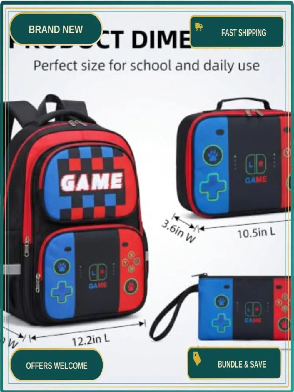35L Gaming Backpack Set for Boys with Lunch Box Pencil Case, School Bookbag